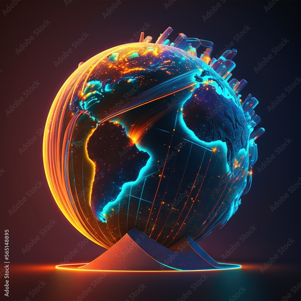 Poster a stylized image of a globe with a colorful background and a black background with a red and blue ba