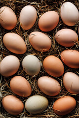 Chicken eggs from an organic farm, top view. Easter background  - 565148801