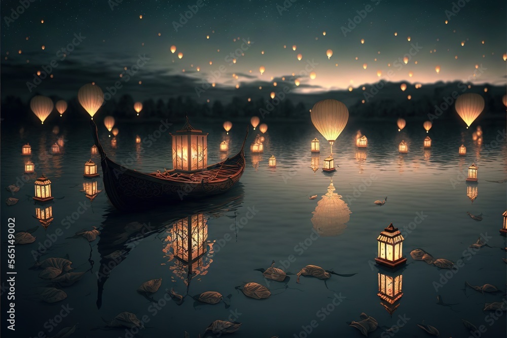 Poster a boat floating on top of a lake filled with floating lanterns at night time with lanterns floating 