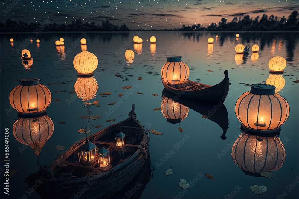 Poster a rowboat floating on top of a lake filled with floating lanterns in the sky above it are floating l