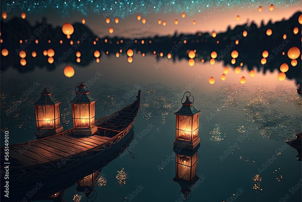 Poster a boat floating on top of a lake filled with floating lanterns at night time with stars in the sky a