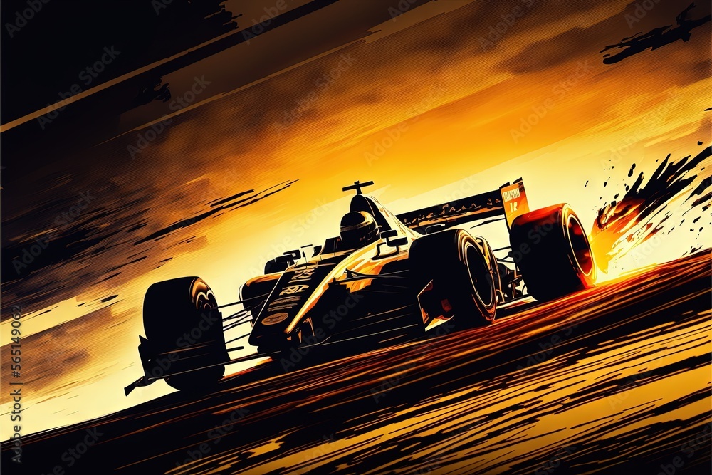 Aufkleber a painting of a racing car on a track with a sunset in the background and a person standing on the s
