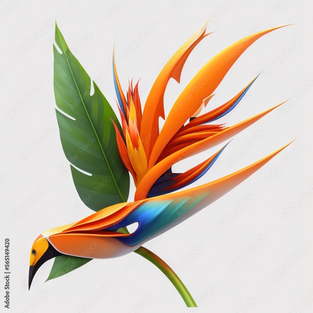 Poster a bird of paradise with a green leaf on its back and a white background with a white background and 