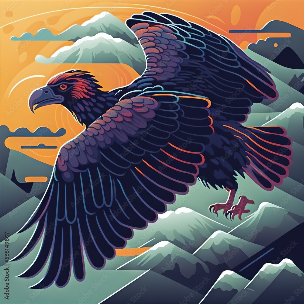 Poster a bird flying over a mountain range with a sunset in the background and clouds in the sky above it, 