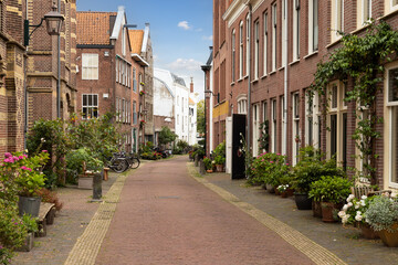 Fototapeta na wymiar Narrow street with flower boxes in the center of the Dutch city of Haarlem.