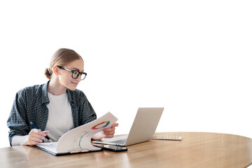 Female freelancer working office workplace using laptop computer, isolated, transparent background.