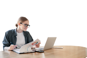 Female freelancer working office workplace using laptop computer, isolated, transparent background.