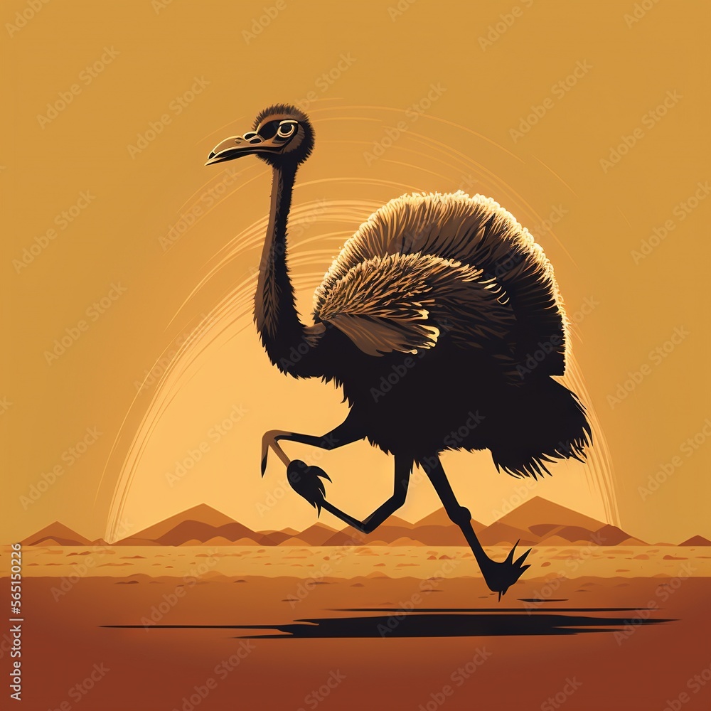 Poster a bird is walking across a desert plain at sunset with a bird in its beak and head turned to the sid
