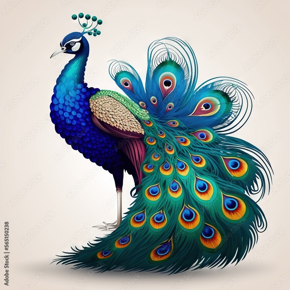 Poster a peacock with a long tail and a blue tail with a white background and a white background with a lig