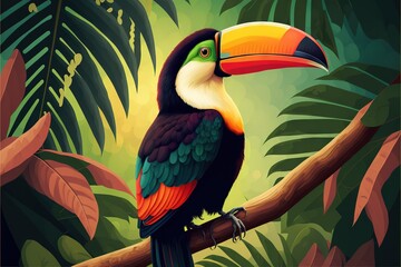  a colorful bird sitting on a branch in a jungle setting with leaves and plants around it, with a green background and a yellow - colored toucan.  generative ai