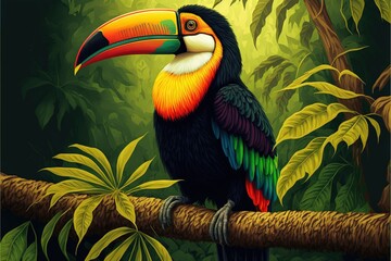 Naklejka premium a colorful bird sitting on a branch in a jungle setting with green leaves and a yellow and red beak on it's head and a black and yellow beak. generative ai