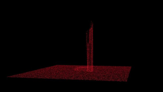 3D Al Hamra Tower rotates on black background. Object consisting of red flickering particles 60 FPS. Science concept. Abstract bg for title, presentation. Screensaver. 3D animation.