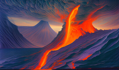 A graphic drawing of a volcano erupting in the open sea or somewhere in the mountains 5. Generative AI
