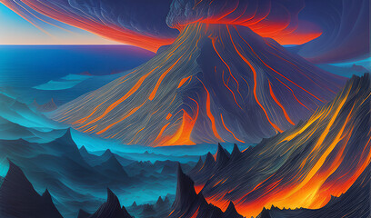 A graphic drawing of a volcano erupting in the open sea or somewhere in the mountains 4. Generative AI