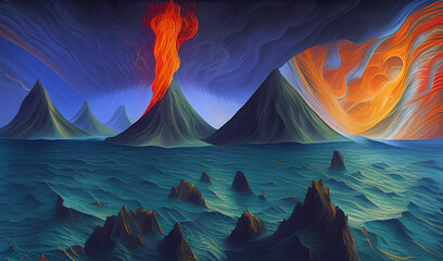 A graphic drawing of a volcano erupting in the open sea or somewhere in the mountains 3. Generative AI