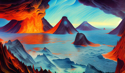 A graphic drawing of a volcano erupting in the open sea or somewhere in the mountains 2. Generative AI