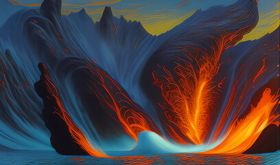 A graphic drawing of a volcano erupting in the open sea or somewhere in the mountains 1. Generative AI