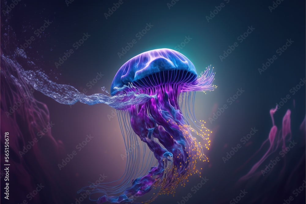 Wall mural a jellyfish with a purple body and blue tentacles floating in the water with bubbles and bubbles aro