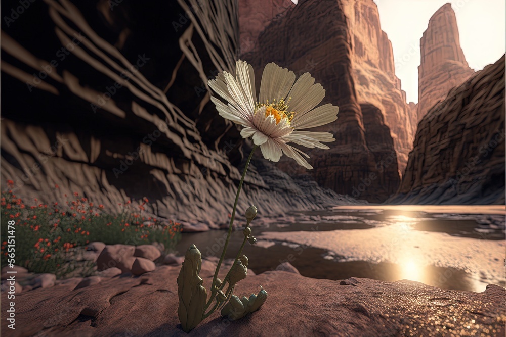 Poster a flower is growing out of a rock in a canyon with a river running through it and a mountain in the 