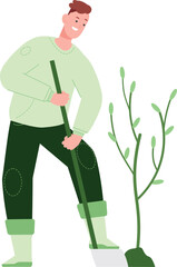 Happy man planting tree. Eco volunteer character