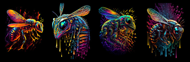 Multicolored vivid drawn bee.  AI generative.
