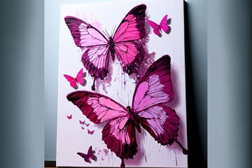  a painting of three pink butterflies on a white background with a blue wall behind it and a white frame with a pink butterfly on it.  generative ai
