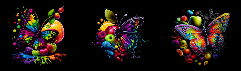Fototapeta na wymiar Multicolored butterfly on fruits and berries. AI generative.