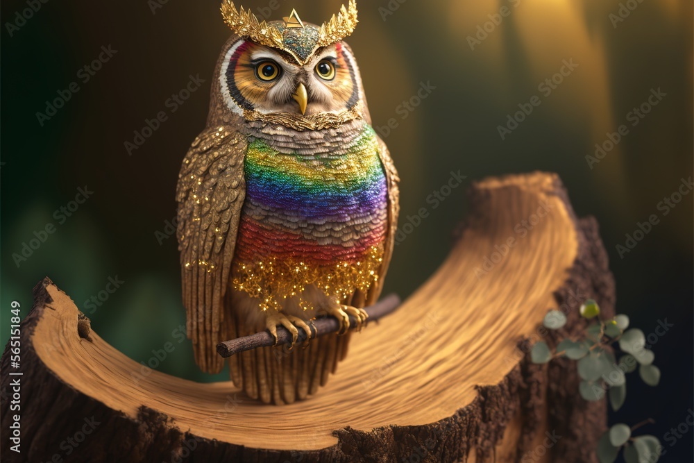 Aufkleber a colorful owl sitting on a branch with a crown on its head and a branch in front of it with a plant