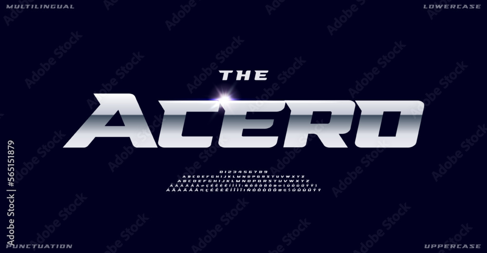 Poster speed and power typeface, multilingual alphabet with letters, numbers punctuation marks. sleek shiny