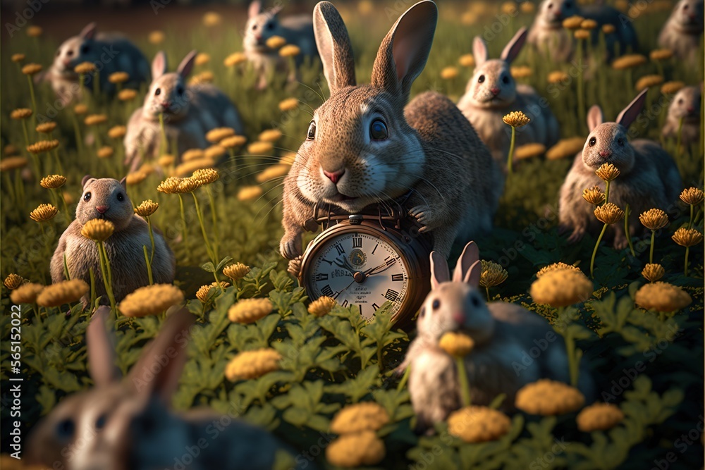 Poster a group of rabbits in a field with a clock and flowers in the foreground and a group of rabbits in t