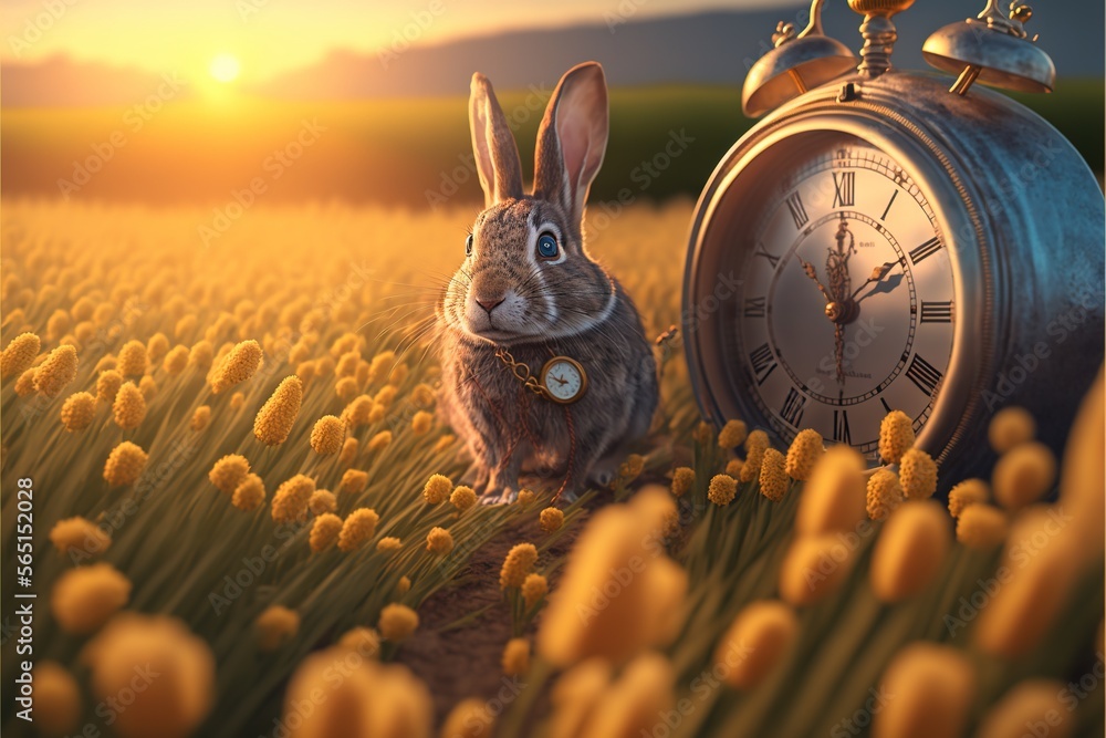 Poster a rabbit sitting in a field next to a clock and a field of flowers at sunset with a sun setting in t