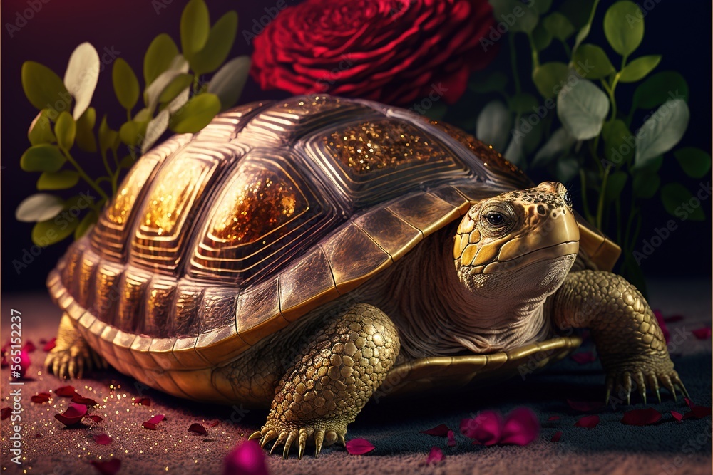 Poster a large turtle sitting on top of a table next to a rose and a rose bush with leaves on it and a red 