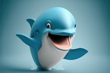 Cute 3D Cartoon dolphin character. Generative AI - obrazy, fototapety, plakaty
