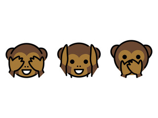 Gandhi's three monkey emoji vector set design. Isolated See-No-Evil Monkey, Hear-No-Evil Monkey, Speak-No-Evil Monkey, meme sign design. 