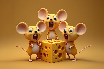 Cute 3D Cartoon mice characters with cheese. Generative AI