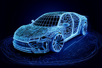 Naklejka premium The front side of the futuristic AR automobile wireframe with&nbsp;a blue background, generative ai, AR car wireframe 