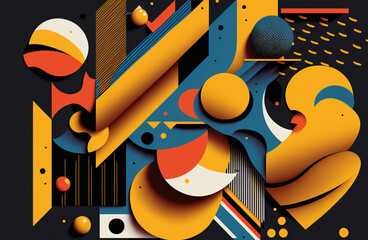 Set of semi tonal geometry shapes and forms with universal tendencies, juxtaposed for contrasting effect in a bright shiny elements composition. Memphis 
style, created with generative AI tools. 