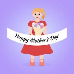 a girl in a red dress holds a bouquet for her mother or grandmother. Happy Mother's Day. vector illustration. greeting card