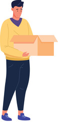 Young man hold open cardboard box. Person with package