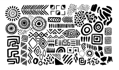 Abstract black and white african art shapes collection, tribal doodle decoration set. Random ethnic shapes, animal print texture and traditional hand drawn icons.