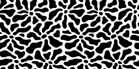Black and white flower seamless pattern illustration. Children style floral doodle background, funny basic nature shapes wallpaper.