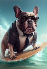 Funny French bulldog, in a business suit and glasses swims through the waves on a yellow surfboard.