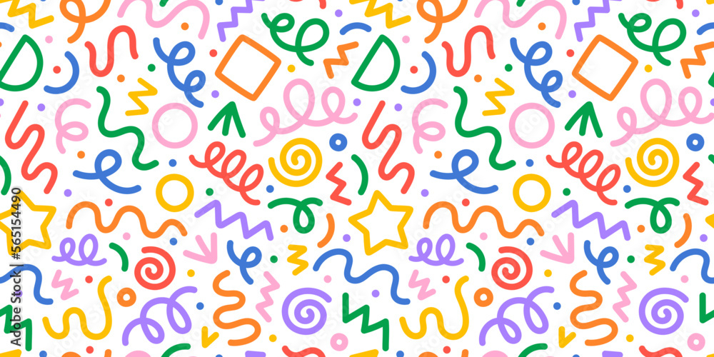 Poster Fun colorful line doodle seamless pattern. Creative minimalist style art background for children or trendy design with basic shapes. Simple party confetti texture, childish scribble shape backdrop.