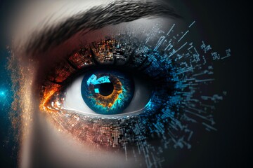 Security access technology as eye scan and viewing digital information. Human eye with scanning for personality identification. Cyber security identity verification. Generative AI.