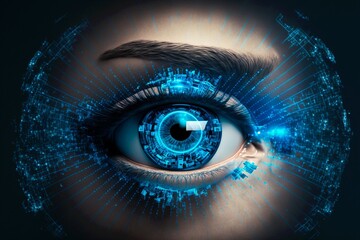 Security access technology as eye scan and viewing digital information. Human eye with scanning for personality identification. Cyber security identity verification. Generative AI.