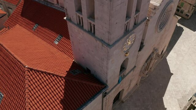 Korcula Old medieval town cathedral aerial shot