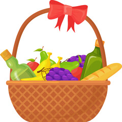 Gift basket with wine and fruits. Cartoon wicker icon