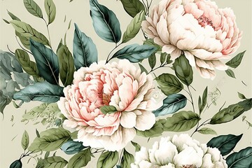  a painting of a bouquet of flowers on a green background with leaves and buds on a light green background with a white background and a light green border.  generative ai