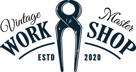 Hand plier or pincer for wood craft workshop. Logo with tool or equipment for repair, construction, carpentry work