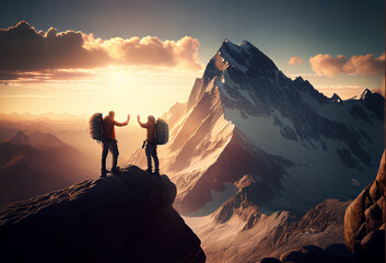 Two people high-fiving at a scenic mountain top, celebrating success on a beautiful sunrise, Generative AI